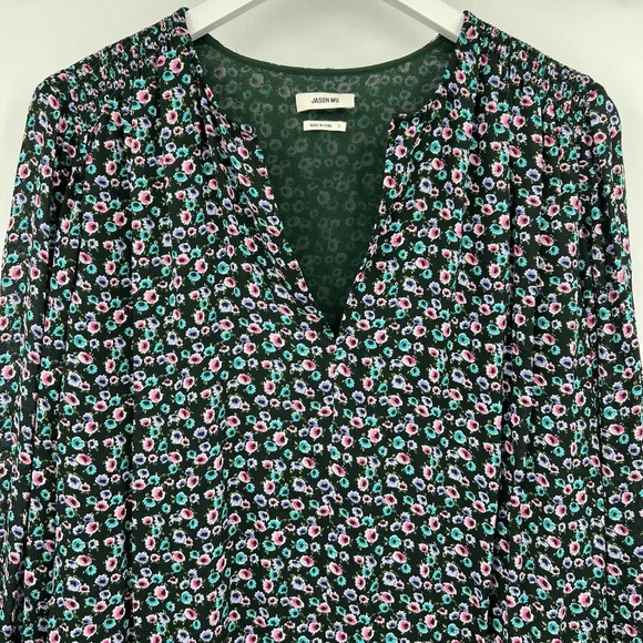 Jason Wu Multi Floral Print Long Sleeve Mini Length Dress Smocked Belted Size 2 - Picture 4 of 10